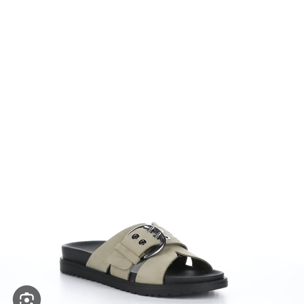 Bos. & Co. Taupe Slide Sandals with Metal Buckle